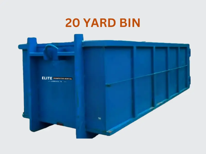 20-yard roofing dumpster rental loaded with tear-off debris at a roofing job site in Lubbock, Texas